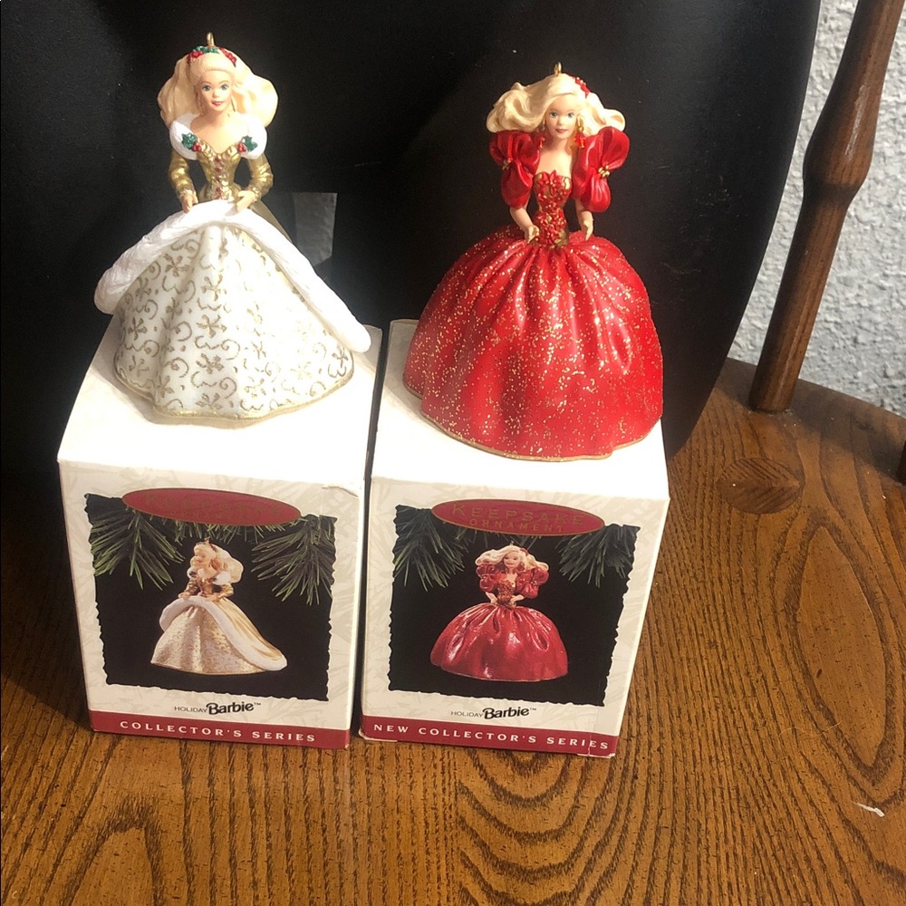 Barbie Holiday Ornament Duo — Red and White Gowns
